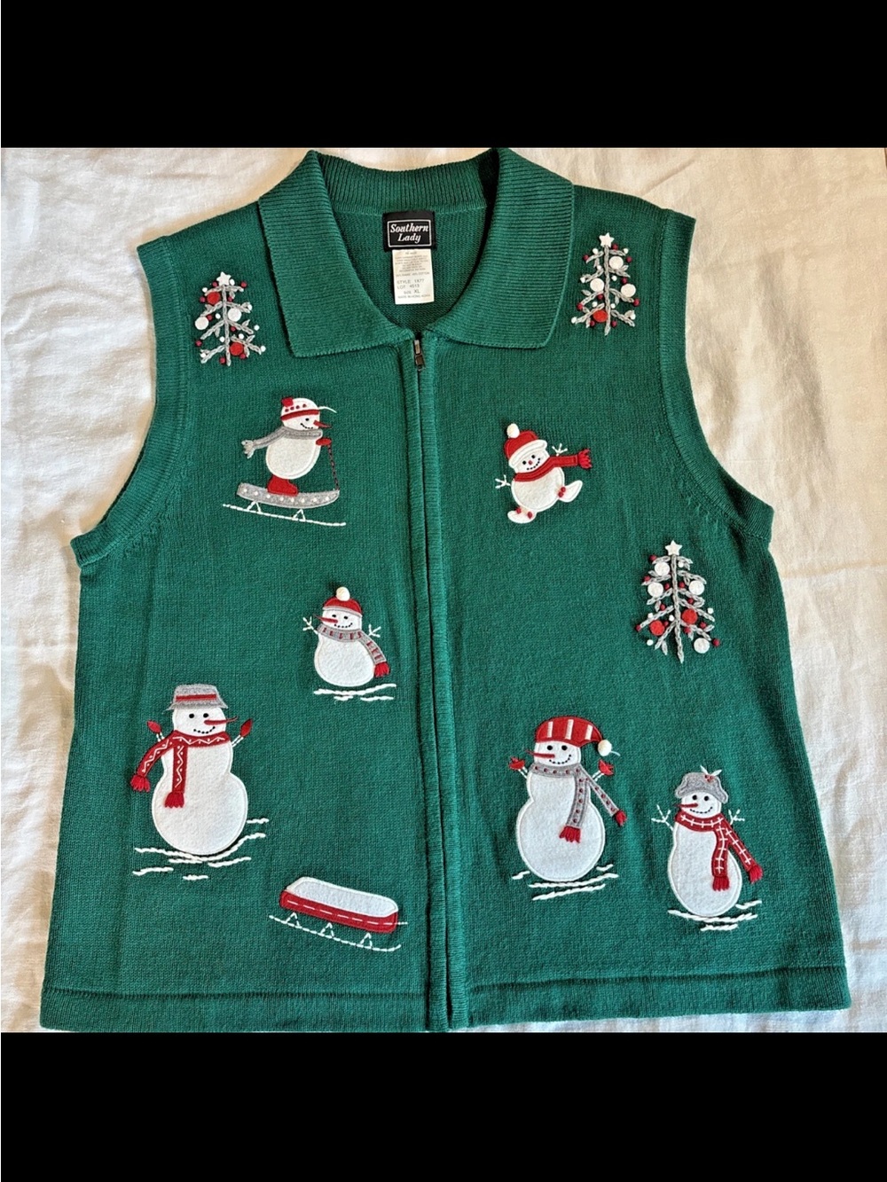 Vintage Southern Lady XL Christmas Snowman Zip Sweater Vest Ramie Cotton Green